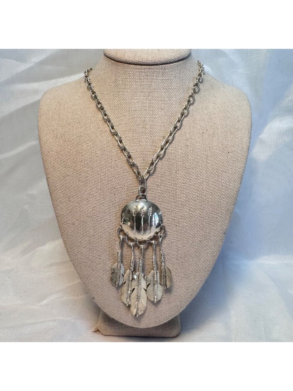 Southwestern Native Feather Arrow Tassel Pendant 925 Sterling Silver 24''